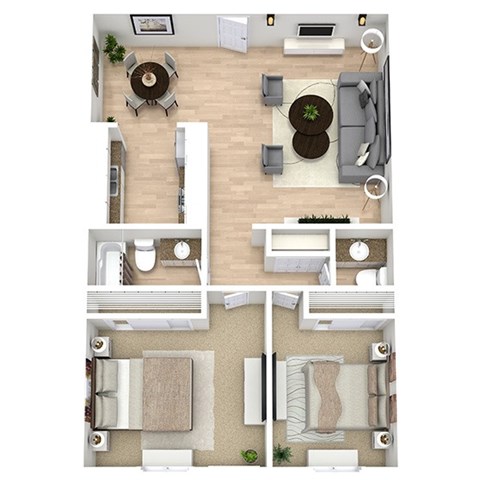 Floor plan for 2 beds, 1.5 baths, 935 sqft